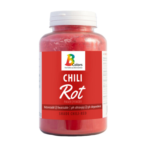 1-2 Taste BColors - Chili Red Natural Food Colour Powder shown in a labeled plastic jar with white lid on white background